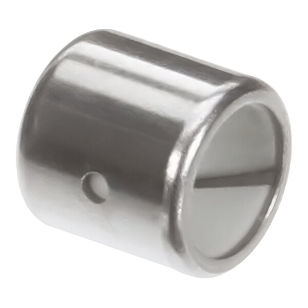 A cylindrical metal bushing with a smooth outer surface and a small hole, designed for mechanical or industrial use.