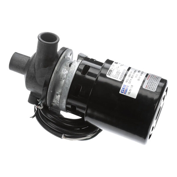 A black electric wash pump with attached wiring and labeled specifications.