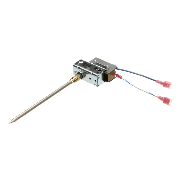 A metal temperature sensor probe assembly with attached wires and connectors.