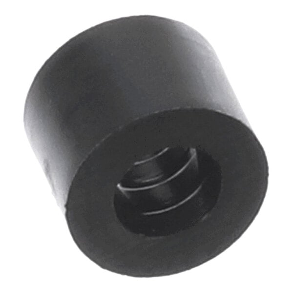 A black nylon spacer with a 1/2 inch outer diameter and 1/4 inch inner diameter.