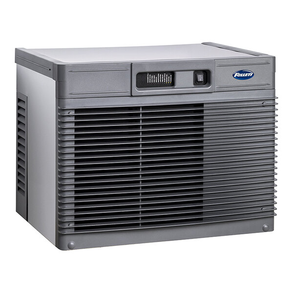 A commercial water-cooled ice machine with a self-contained condenser and front ventilation grilles.