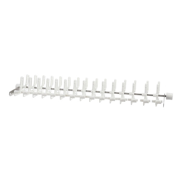 A white conveyor belt rod assembly with multiple evenly spaced plastic clips attached to a metal rod.