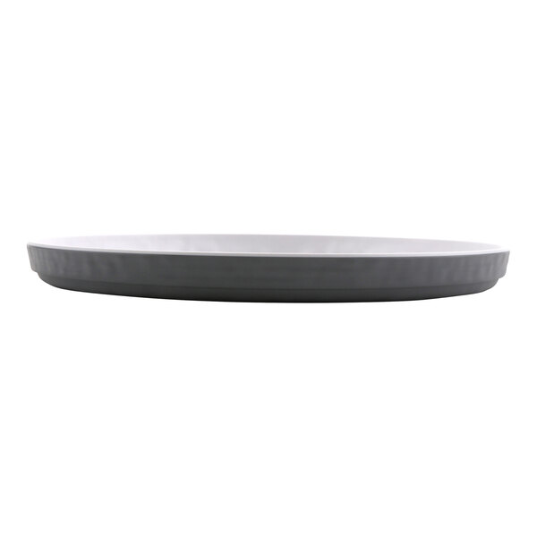 A round gray melamine plate with a slightly raised edge.