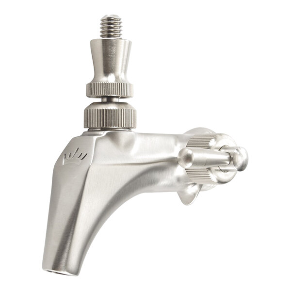 A stainless steel flow control dispensing faucet with a satin finish.