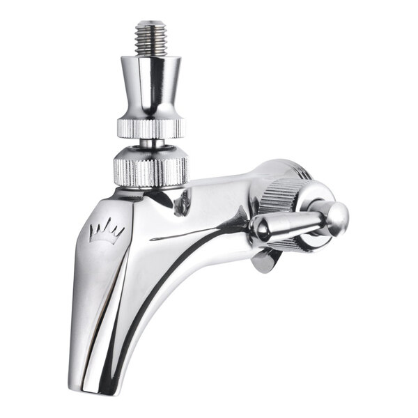 A polished chrome stainless steel flow control dispensing faucet.