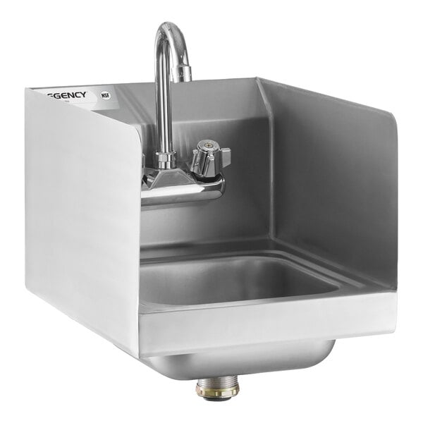 A stainless steel wall-mounted hand sink with a gooseneck faucet and high side splashes.