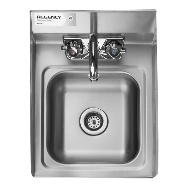 A stainless steel wall-mounted sink with a gooseneck faucet and two handles for hot and cold water.