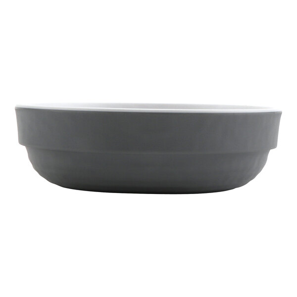 A round gray melamine ramekin with a 4 oz. capacity.