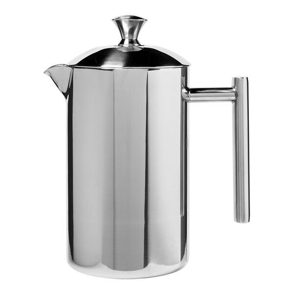 A polished stainless steel double wall French press with a cylindrical body and a straight handle.