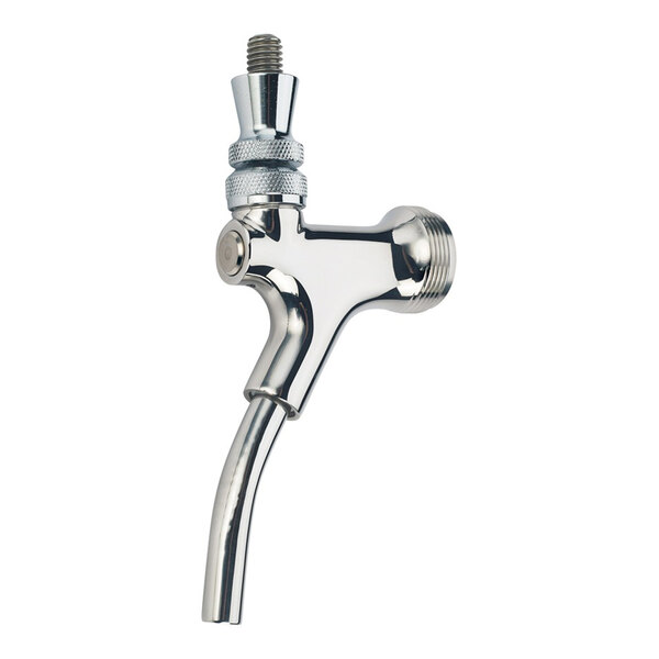 A stainless steel wine faucet with a long spout.