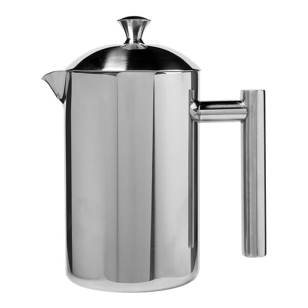 A polished stainless steel double wall French press with a cylindrical body and a straight handle.