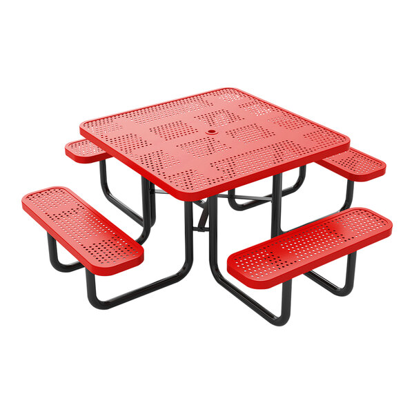 A square red perforated metal picnic table with attached benches and black metal legs.