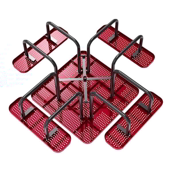 A red perforated metal picnic table with a 46-inch square top and attached benches.