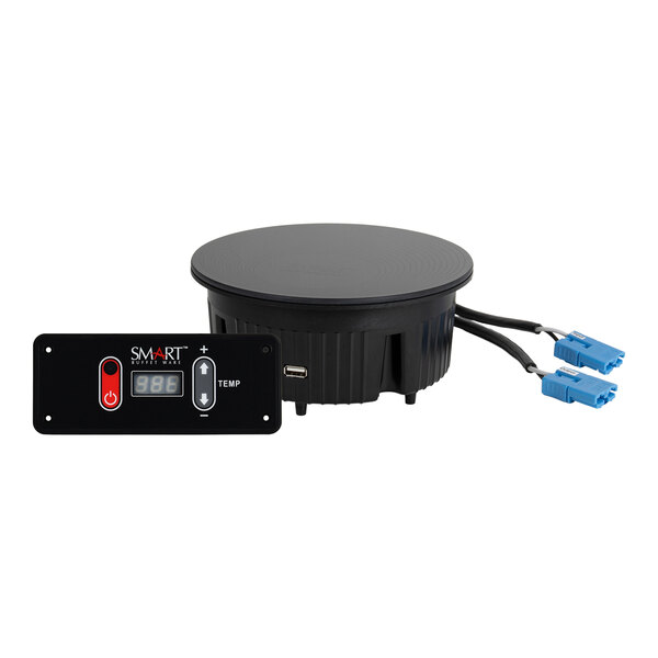A round black battery-operated induction warmer with a digital control panel and attached cables.