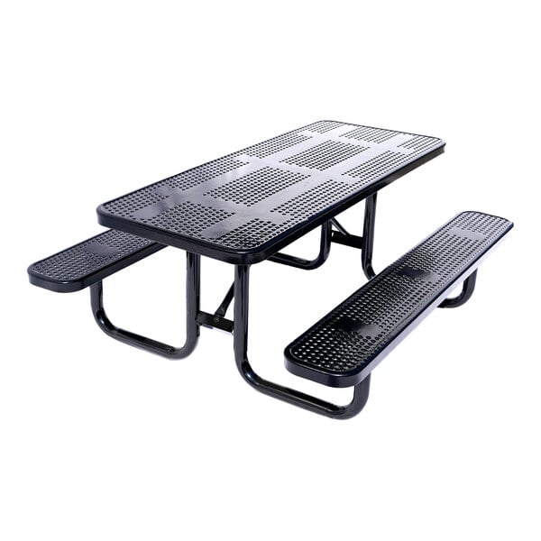 A black perforated metal picnic table with attached benches.
