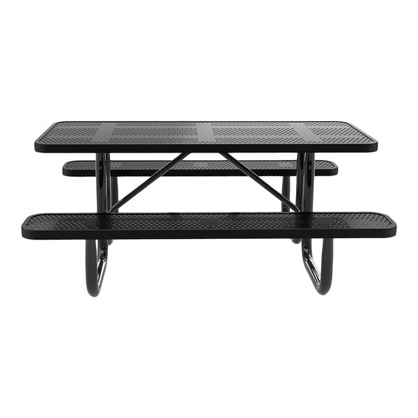 A 6-foot black perforated metal picnic table with attached benches.