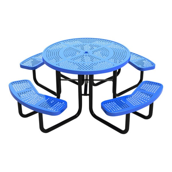 A round blue perforated metal picnic table with four attached curved benches and black metal legs.