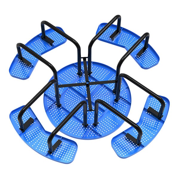 A round blue perforated metal picnic table with attached curved seats and black metal supports.