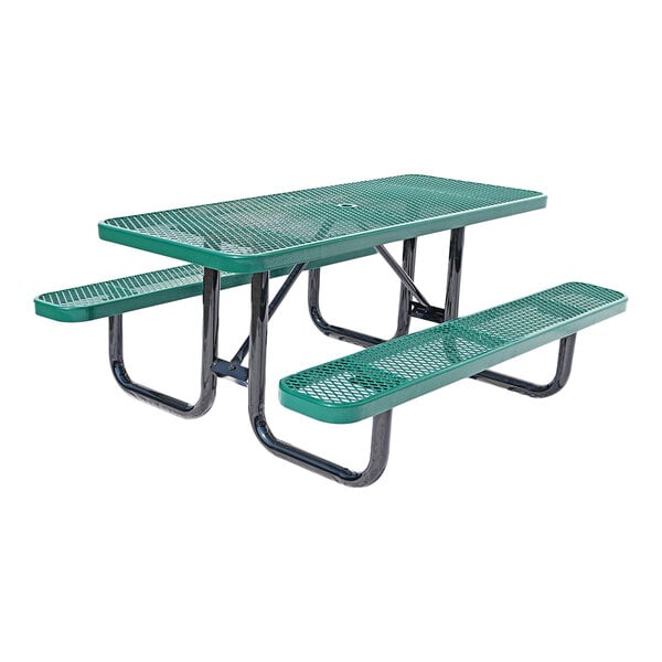 A green expanded metal picnic table with attached benches and a sturdy metal frame.