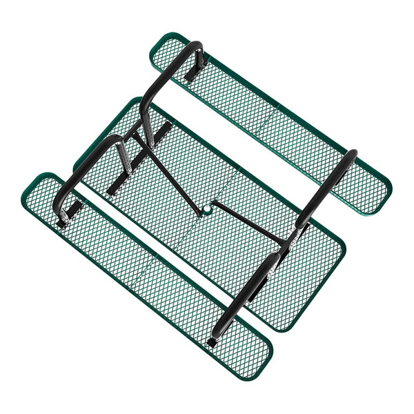 A green expanded metal picnic table with attached benches and a sturdy metal frame.