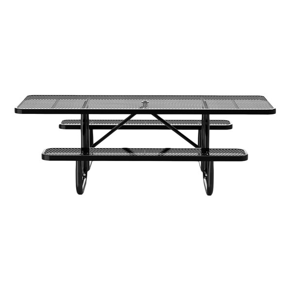 An 8-foot black expanded metal picnic table with attached benches, designed for ADA accessibility.