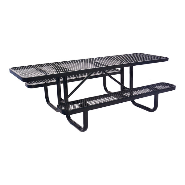 An 8-foot black expanded metal picnic table with attached benches and ADA accessibility features.