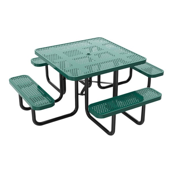 A green square perforated metal picnic table with attached benches.