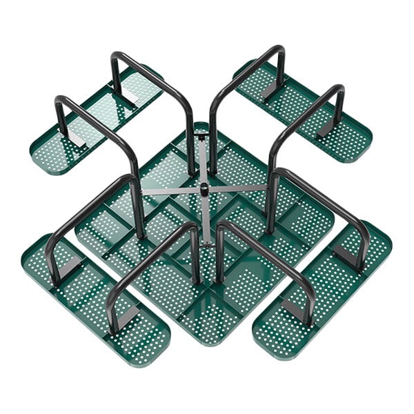 A green perforated metal picnic table with a 46-inch square design and attached benches.