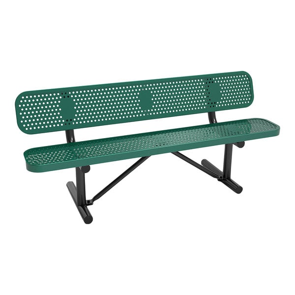 A green perforated metal bench with a backrest and black metal legs.