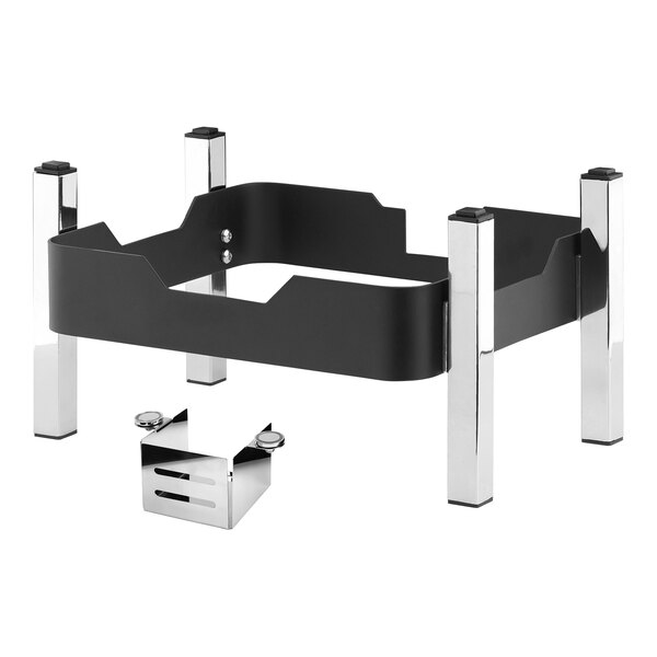 A stackable metal buffet stand with chrome legs and a black frame, designed for use with specific Smart Buffet Ware T-Collection models.