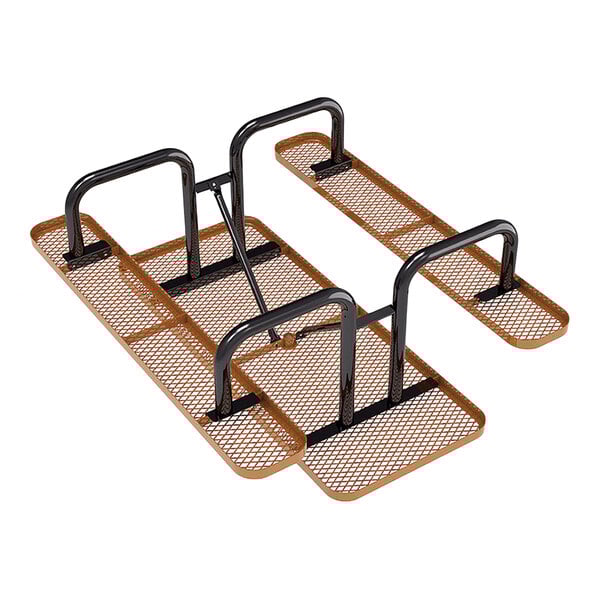 A brown expanded metal picnic table with black metal frame and attached benches.