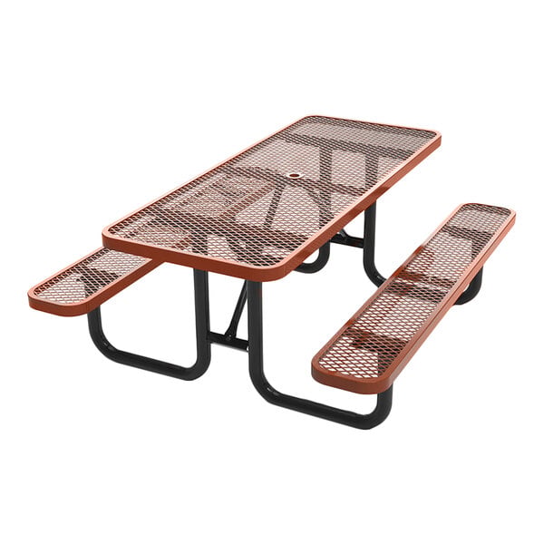 A brown expanded metal picnic table with attached benches and a black metal frame.