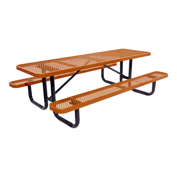An 8-foot brown expanded metal picnic table with attached benches and black metal legs.