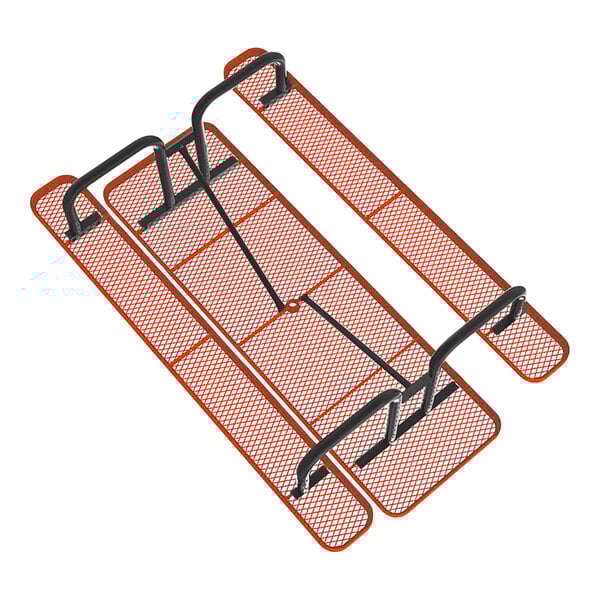 An 8-foot brown expanded metal picnic table with attached benches and black metal supports.