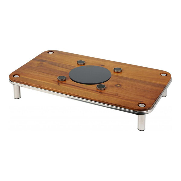 A rectangular natural wood induction warmer with a magnetic platform and metal stand.