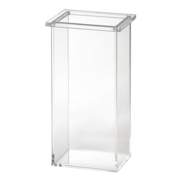 A clear, rectangular acrylic ice core container designed for use with buffet display items.