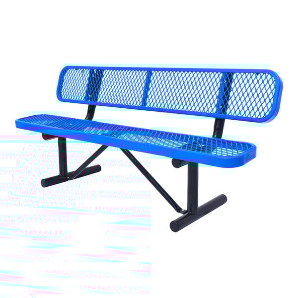 A 6-foot blue expanded metal bench with a backrest and black metal legs.