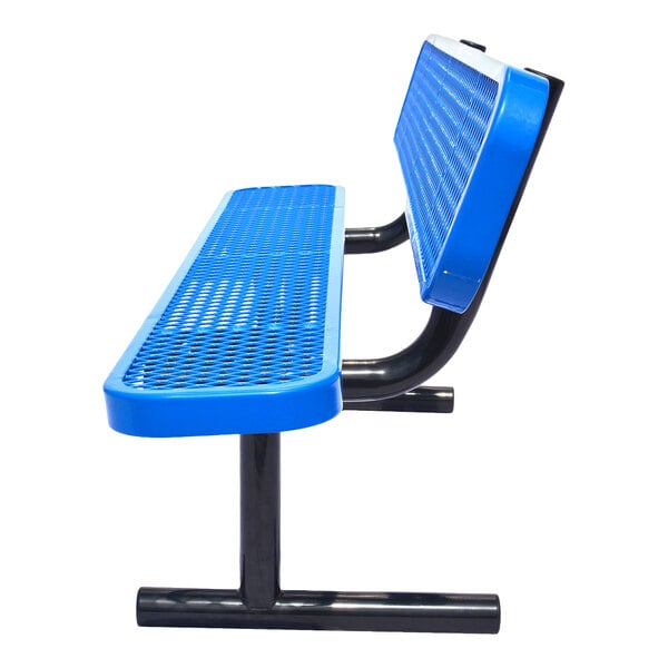A blue expanded metal bench with a backrest and black metal legs.