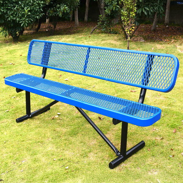 A 6-foot blue expanded metal bench with a backrest, designed for outdoor use.