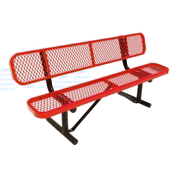 A six-foot red expanded metal bench with a backrest and black metal legs.