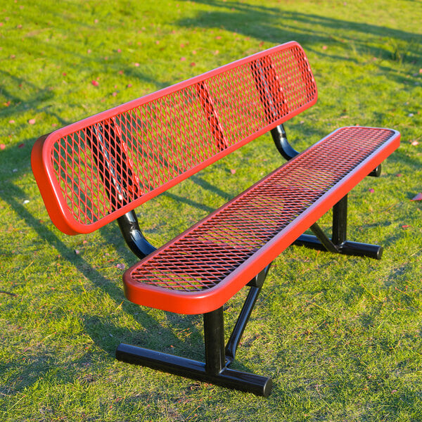 A 6-foot red expanded metal bench with a backrest and black metal legs, designed for outdoor use.
