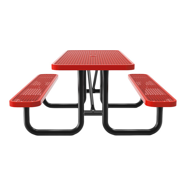 An 8-foot red expanded metal picnic table with attached benches and a black metal frame.