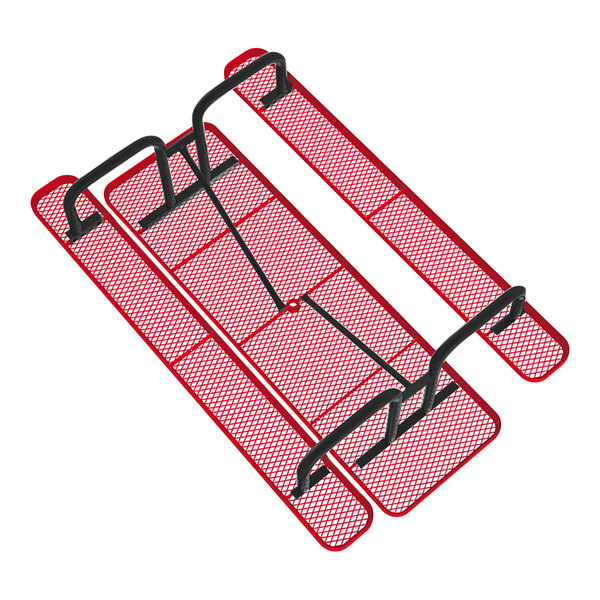 An 8-foot red expanded metal picnic table with black metal supports.