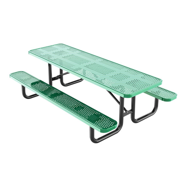 A green perforated metal picnic table with attached benches and a black metal frame.