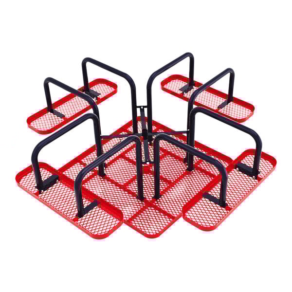 A square red expanded metal picnic table with black metal frame and four attached benches.