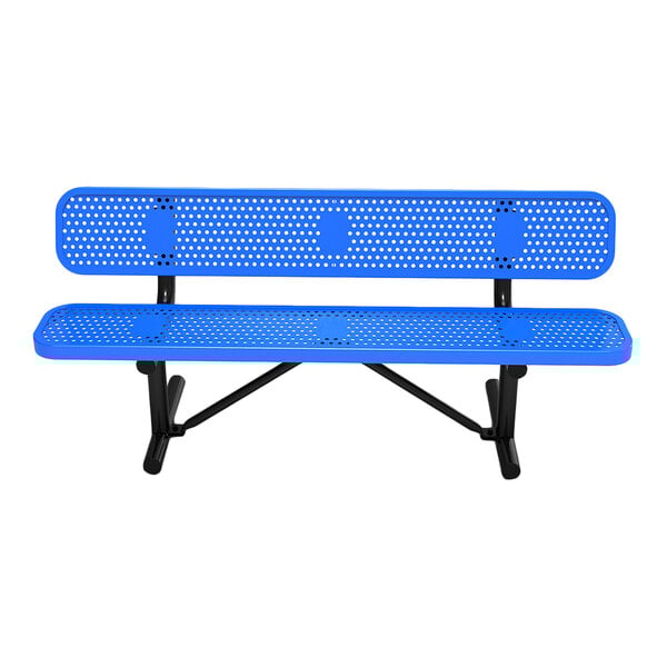 A 6-foot blue perforated metal bench with a backrest and black legs.