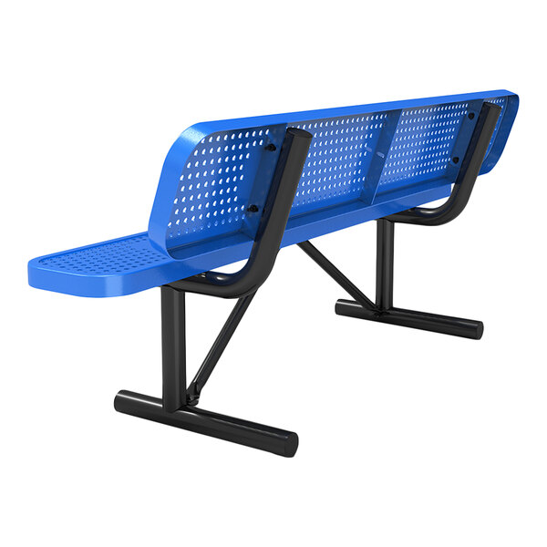 A 6-foot blue perforated metal bench with a black metal frame and backrest.