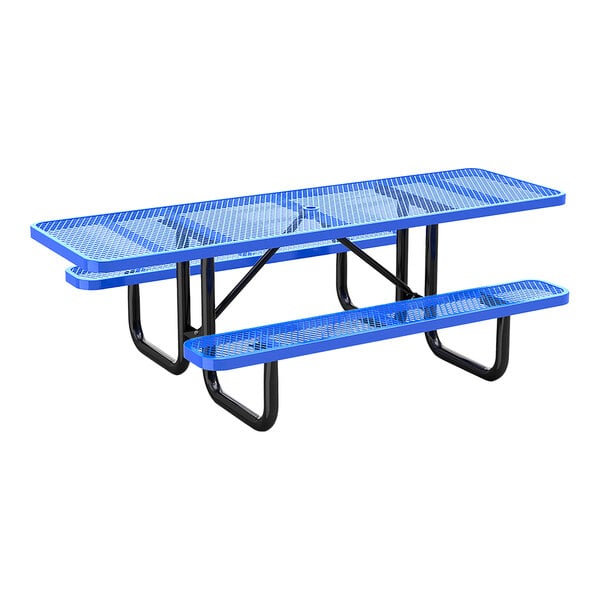 An 8-foot blue expanded metal picnic table with attached benches and ADA accessibility features.