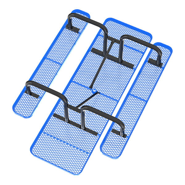 An 8-foot blue expanded metal ADA picnic table with attached benches and accessible seating areas.