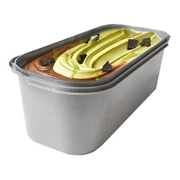 A 5-liter container of G. S. Gelato Dubai chocolate gelato with chocolate pieces on top.